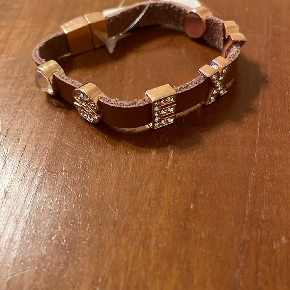 Emmy-Slim Faux Leather Bracelet w/word “SEXY” attached-Tan Leather w/ Rose Gold